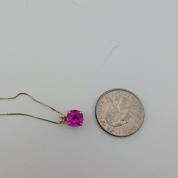 14K Gold Box Chain Necklace With Lab-Created Cushion-Cut Pink Sapphire Pendant - Picture 7 of 13